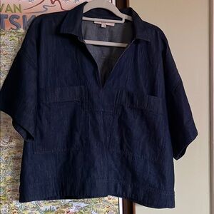 Loft Navy denim V-Neck Short Sleeve Blouse